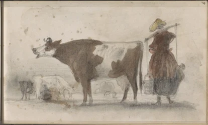 Prado com vacas e uma camponesa com um jugo