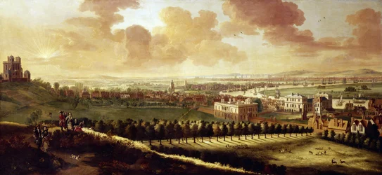 Vista de Greenwich e Londres (Inglaterra), cerca de 1680, com o Observatório Real à esquerda, no centro, a Casa da Rainha e veados a rugir livremente no parque