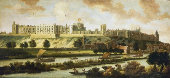 Vista do Castelo de Windsor e de todo o panorama que rodeia o edifício, com descrição do parque e das actividades no rio, uma variedade de barcos, desde barcos de pesca a navios reais