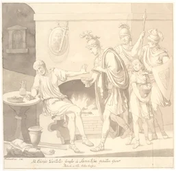 "M. Curius Dantatus foragter de Samnitiske Gesanters Gaver./ Plutach: in vita. Cato, o Censor."