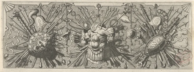 Panoplia. Friso com braços romanos, parte superior
Panoplia sev armamentarium... (título da série)