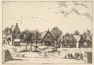 Country Village, arqueiros em primeiro plano de Multifariarum casularum ruriumque linea..., 1559-61.