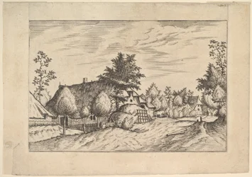 Rua da Aldeia, feno empilhado em frente a uma quinta da Quinta das Herdades e Rural..., ca. 1559-61.