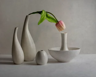 Vasos de tulipas em rosa suave