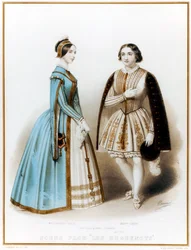 Pauline Viardot-Garcia , mezzo-soprano francês e compositor de nascimento espanhol, & Marietta Alboni , contralto italiano, em Acto I, Cena 9 de Les Huguenots de Meyerbeer