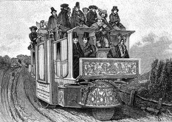 Carro mecânico de três rodas do Dr. William Church (ca. 1778-1863), construído em Birmingham em 1833 (Inglaterra). Gravura de 1895