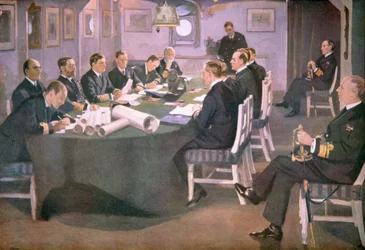 O Almirante Sir David Beatty lê os termos do Armistício aos delegados alemães a bordo do HMS Queen Elizabeth em Rosyth