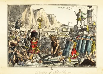 Um porta-estandarte da 10ª legião em pele de urso conduz a infantaria romana para uma praia em Sandwich, 54BC