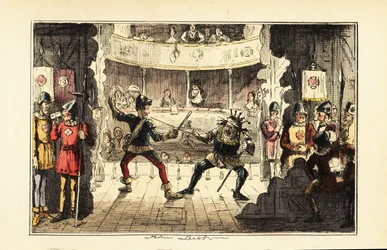 Atores interpretando Henry Tudor lutando com o Rei Ricardo III da Inglaterra no palco de um teatro