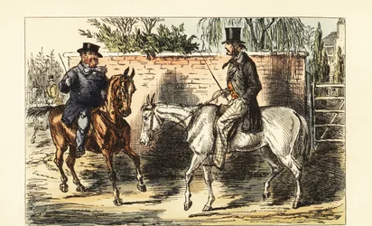 Cavalheiro inglês em um velho chato rejeitado por um homem em um cavalo de baía