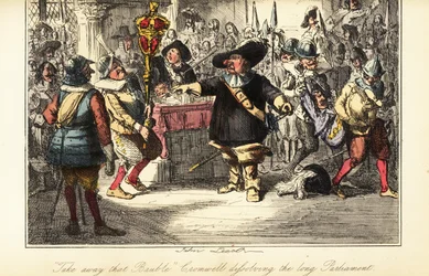 Oliver Cromwell retirando o maça da Câmara dos Comuns e dissolvendo o Parlamento da alcatra em 1653