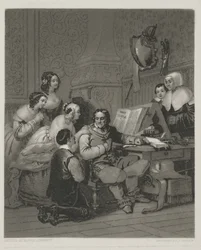 A Família de Cromwell Intercedendo pela Vida de Carlos I, impressão feita por Alfred Johannot (mezzotint)