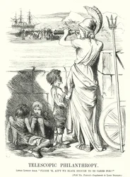 Soco cartoon: Filantropia Telescópica - a preocupação da classe média vitoriana com a ajuda aos pobres estrangeiros bastante bronzeados em casa (gravura)