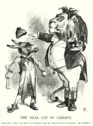 Soco cartoon: The Real Cap of Liberty - a superioridade da monarquia constitucional britânica sobre o republicanismo (gravura)