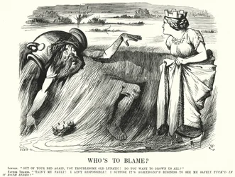 Soco cartoon: Quem é o culpado? - chamadas para tomar medidas para evitar a inundação do Tamisa em Londres (gravura)