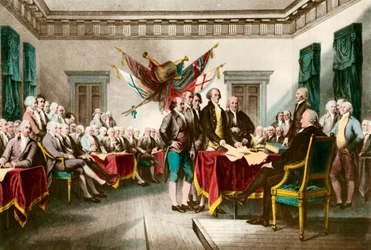 Assinatura da Declaração de Independência dos Estados Unidos em 1776 Gravura após a pintura de John Trumbull (1756-1843) 1783 Coleção privada