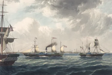 Os navios a vapor "Vivid" e "Waterwitch" ao largo de Orfordness, gravado por R. G. Reeve (água-tinta colorida)
