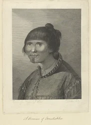 Uma mulher de Oonalashka. Desenho da natureza por J. Webber, e gravado por Jean-Marie Delatre. Desenho da cabeça e ombros de uma mulher com três quartos à esquerda. Ela está a usar um casaco de pele de foca, com as costuras das quais penduram missangas pen
