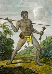 Representação de um homem da Nova Caledónia lançando uma lança. Na outra mão, segura uma clava, c.1800 (gravura)
