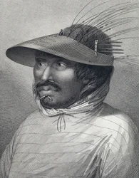 Retrato de um homem de Oonalashka (ou Unalaska, Alasca, Estados Unidos). Gravura do final do século XVIII, de William Sharp (), segundo John Webber (1751-1793).