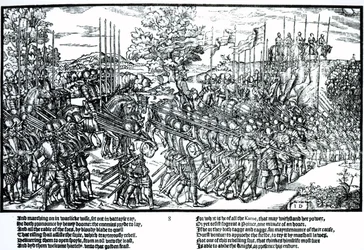Sidney e o exército inglês em marcha com estandartes e trombetas, chapa 8 de "The Image of Ireland" de John Derricke