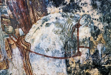 Cavalo, afresco danificado no teto da igreja de Agios Vasileios, Vavouledo, Creta, Grécia (foto)