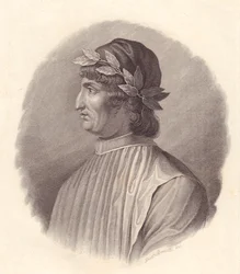 Retrato do poeta e humanista italiano Angelo Ambrogini também conhecido como Poliziano (1454-1494), gravura em cobre de G Bonatti