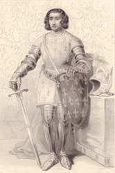 Retrato de Filipe de Artois, Conde de Eu (1358-1397), gravura, 20x13 cm, da Galerie Historique de Versailles, Histoire de France, Charles Gavard Publisher, Paris, cerca de 1840