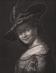 Retrato de Saskia van Uylenburgh (1612-1642), esposa de Rembrandt, gravura de L Raab de pintura de Rembrandt, da Galeria Real Dresden de Payne, de Albert Henry Payne, H Payne Dresden e Leipzig Publisher, cerca de 1840