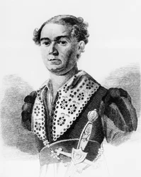 Retrato de Vasily Andreevich Karatygin (1802-1853), ator russo, gravura de Russkaya Talia, antologia de Faddey Venediktovich Bulgarin, publicada em 1825