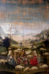 Cena do Antigo Testamento, quadro pintado, detalhe de armários da Sacristia Velha, Igreja de Santa Maria a Graça (Lista do Patrimônio Mundial da UNESCO, 1980), Milão. Itália