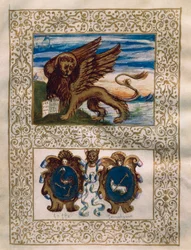 O leão alado de Veneza e os brasões de Leffe e Gandino, miniatura do Privilegio della Serenissima alla Val Gandino, 18 de junho