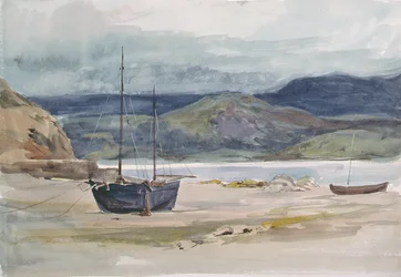 Costa montanhosa cena com barcos, século XIX