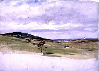Paisagem, com, um, moinho de vento, e, vila, 19o século