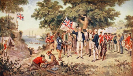 O capitão Cook toma posse de Nova Gales do Sul, 1770, ilustração de «História da Nação Britânica de Hutchinson», cerca de 1923