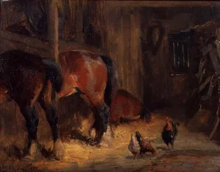 Um Interior Estável com Cavalos e Galinhas