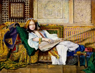 "No harém" Mulher oriental reclinada num sofá, segurando um cistrum (alaúde). Pintura de John Atkinson Grimshaw (1836-1893)