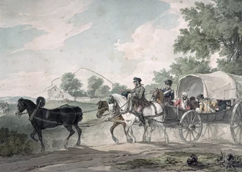 Vagão belga transportando feridos do campo após a batalha de Waterloo, 1815