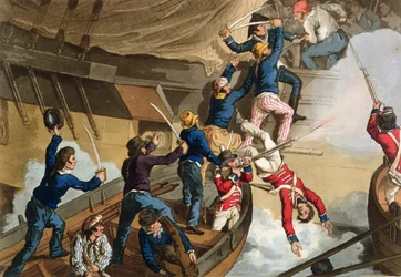 Marinheiros britânicos que embarcam um homem da guerra, gravado por Fry e por Sutherland, de “anedotas históricas, militares e navais”, bar. por Edward Orme (1774-c.1820) 1815 (aquatinta)