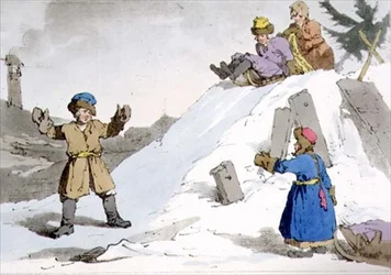 Crianças descendo um monte de gelo, placa 38 do Volume II de "Os modos, costumes e diversões dos russos", gravada pelo artista, pub. 1804 (aquatint)