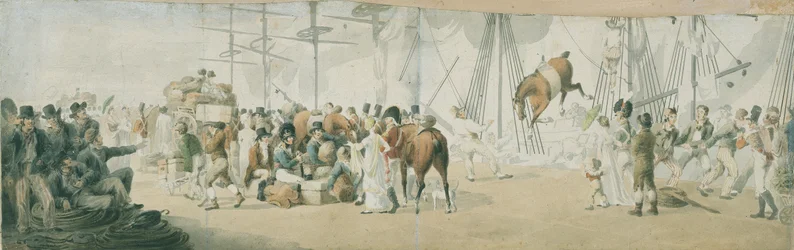 O embarque de tropas e cavalos em Margate (Inglaterra), cerca de 1800. Aguarela (17,8x54 cm) de John Augustus Atkinson (1775-1833), início do século XIX.