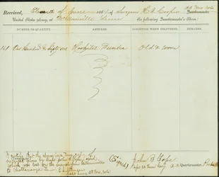 Cópia contemporânea do recibo das lojas do Quartermaster, original assinado por John B. Tope, Capitão, 12ª Cavalaria do Tennessee, 11 de junho de 1864