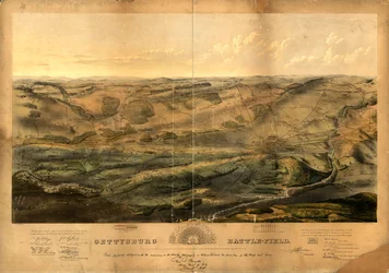 Campo de batalha de Gettysburg. Batalha travada em Gettysburg, Pensilvânia, em 1º, 2 e 3 de julho de 1863 pelos exércitos federal e confederado, comandados respectivamente por Genl. G. G. Meade e Genl. Robert E. Lee
