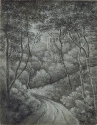 Paisagem, com, um, caminho, através, um, floresta, e, um, clássicas, templo, (soft, grafite, e, branca, giz, ligado, azul, paper)