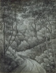 Paisagem com um Caminho através de uma Floresta e um Templo clássico, finais do século XVIII.