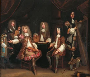 O Crimson Bedchamber, grupo de cavalheiros de retrato com instrumentos musicais, tradicionalmente dito para retratar o Ministério Cabal do Rei Carlos II (óleo sobre tela)