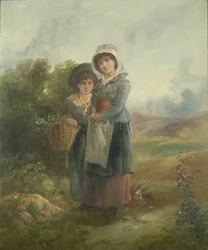 Duas, país, meninas, carregar, flores