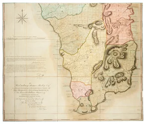 Plano da Ilha da Domínica estabelecido por levantamento topográfico real sob a direção dos Honoráveis Comissários para a Venda de Terras nas Ilhas Cedidas por John Byres, Inspetor-Chefe, 1776.