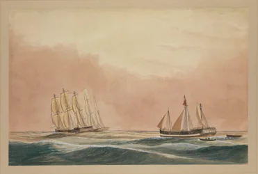 O "Futty Satam" a ser rebocado para a Maurícia pelo barque "Otter" e o navio "City of Poona" 1851, c.1851 (aguarela)