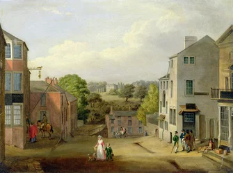 Cena de rua em Chorley, Lancashire, com vista para Chorley Hall, c.1790-1817